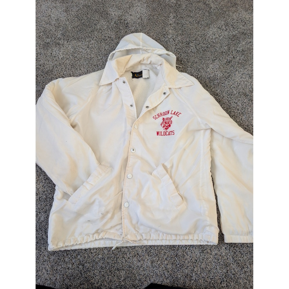 Vintage‎ Champion Schroon Lake Wildcats White Hooded Windbreaker Jacket Small